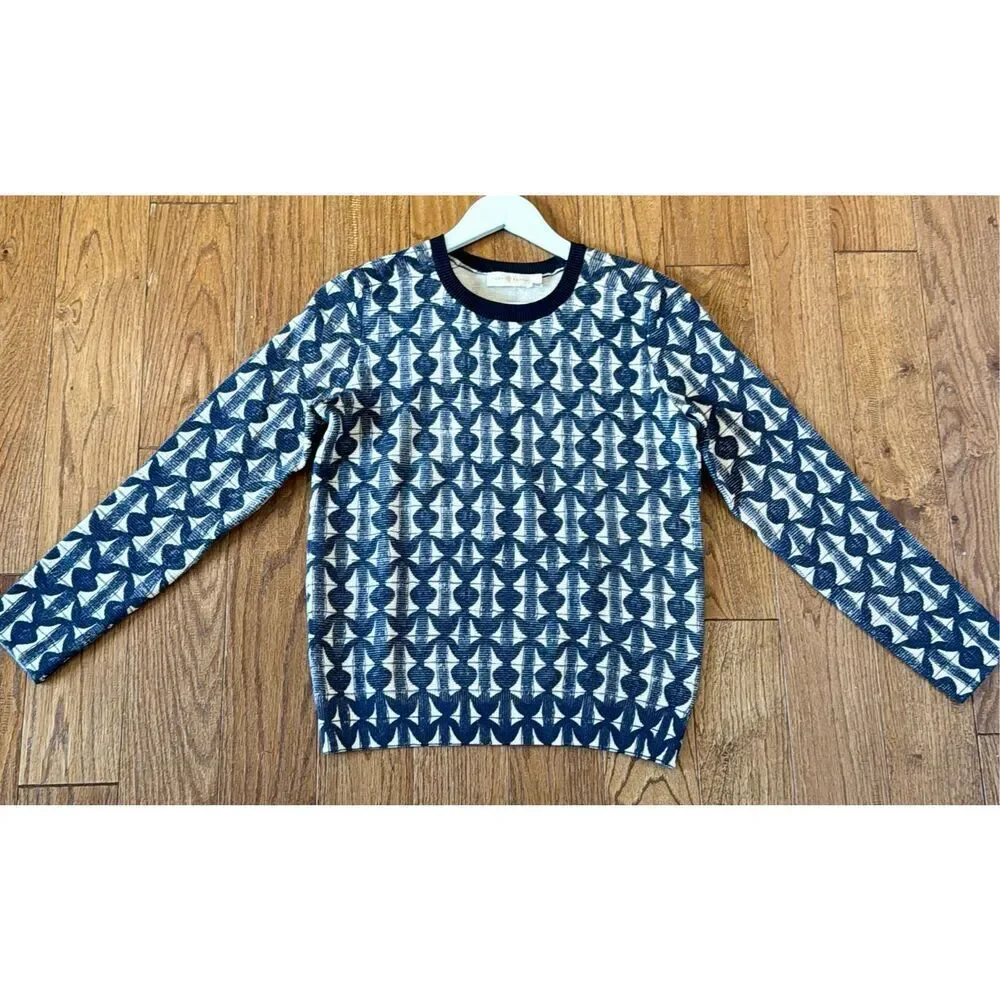 Tory Burch Tia blue printed merino wool crewneck sweater